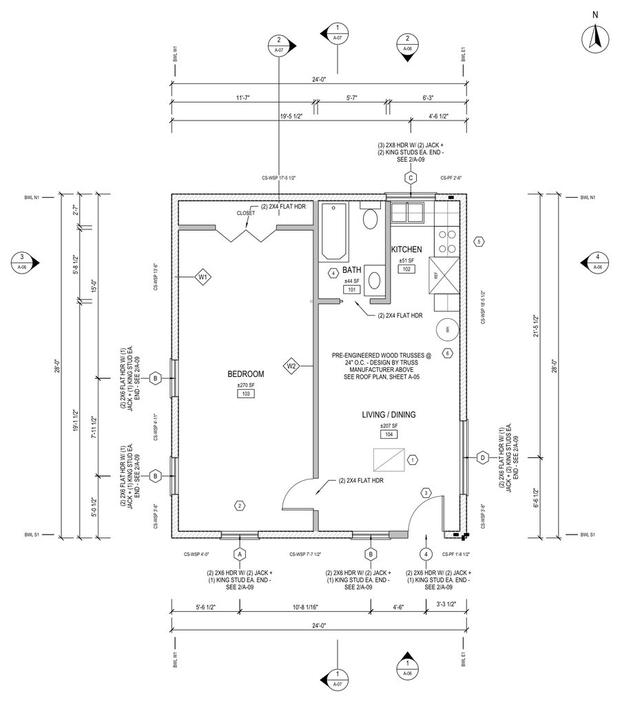 Floor plan of a one-bedroom backyard cottage with framing callouts and braced-wall panels marked
