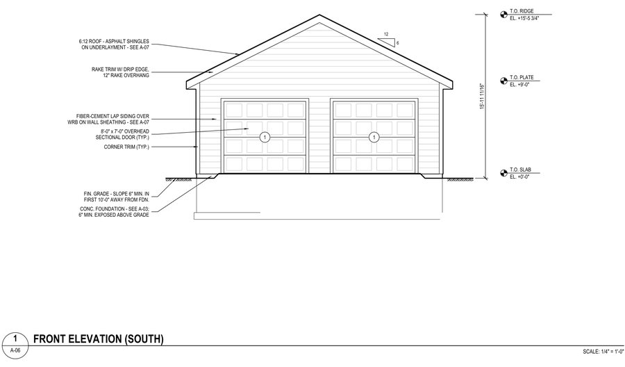 Front elevation drawing of a two-car garage with material notes and height datums