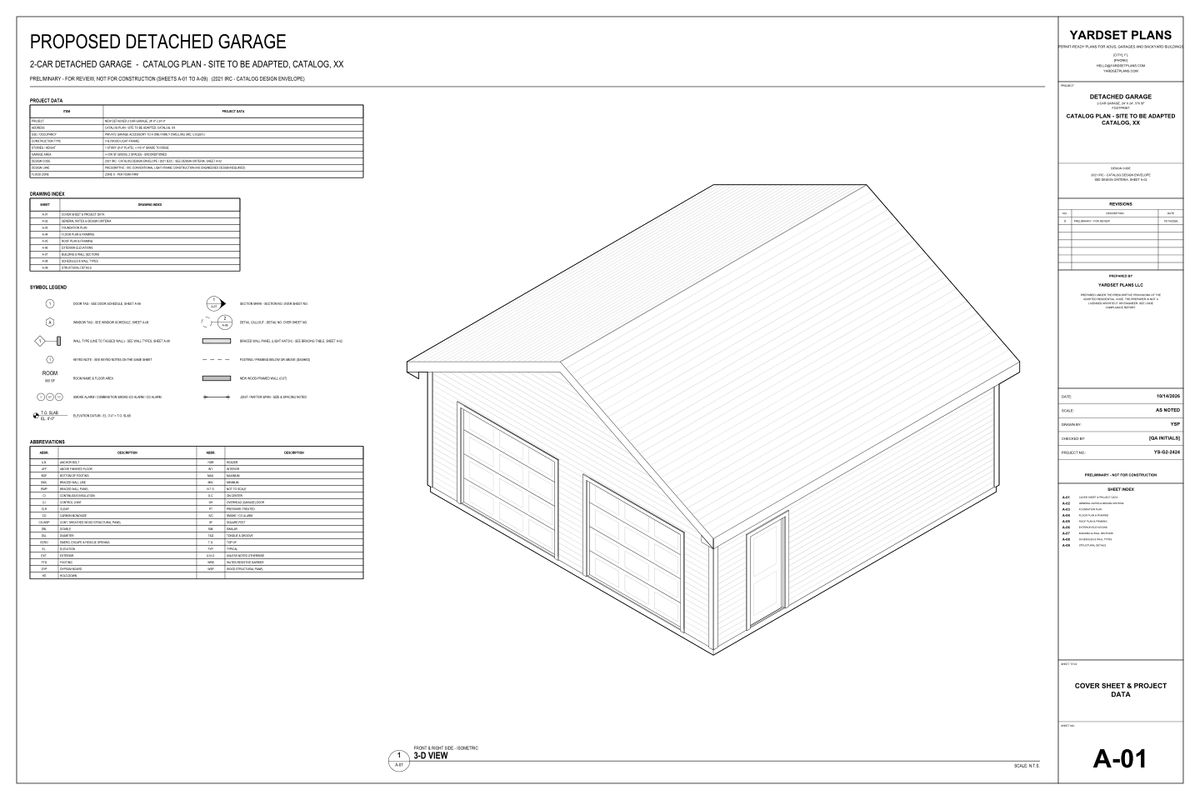 Sheet A-01 cover sheet with project data, drawing index and 3-D view